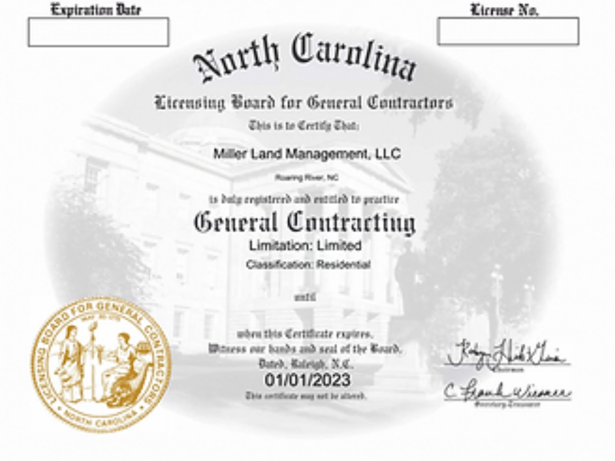 North Carolina General Contractor License Certificate